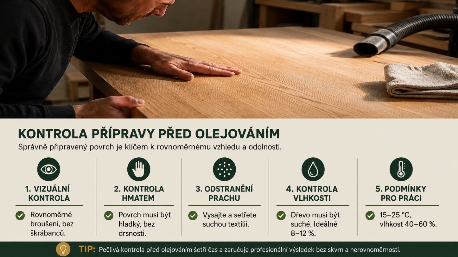 Kontrola přípravy před olejováním při práci s Oil Plus 2C na interiérovém dřevě